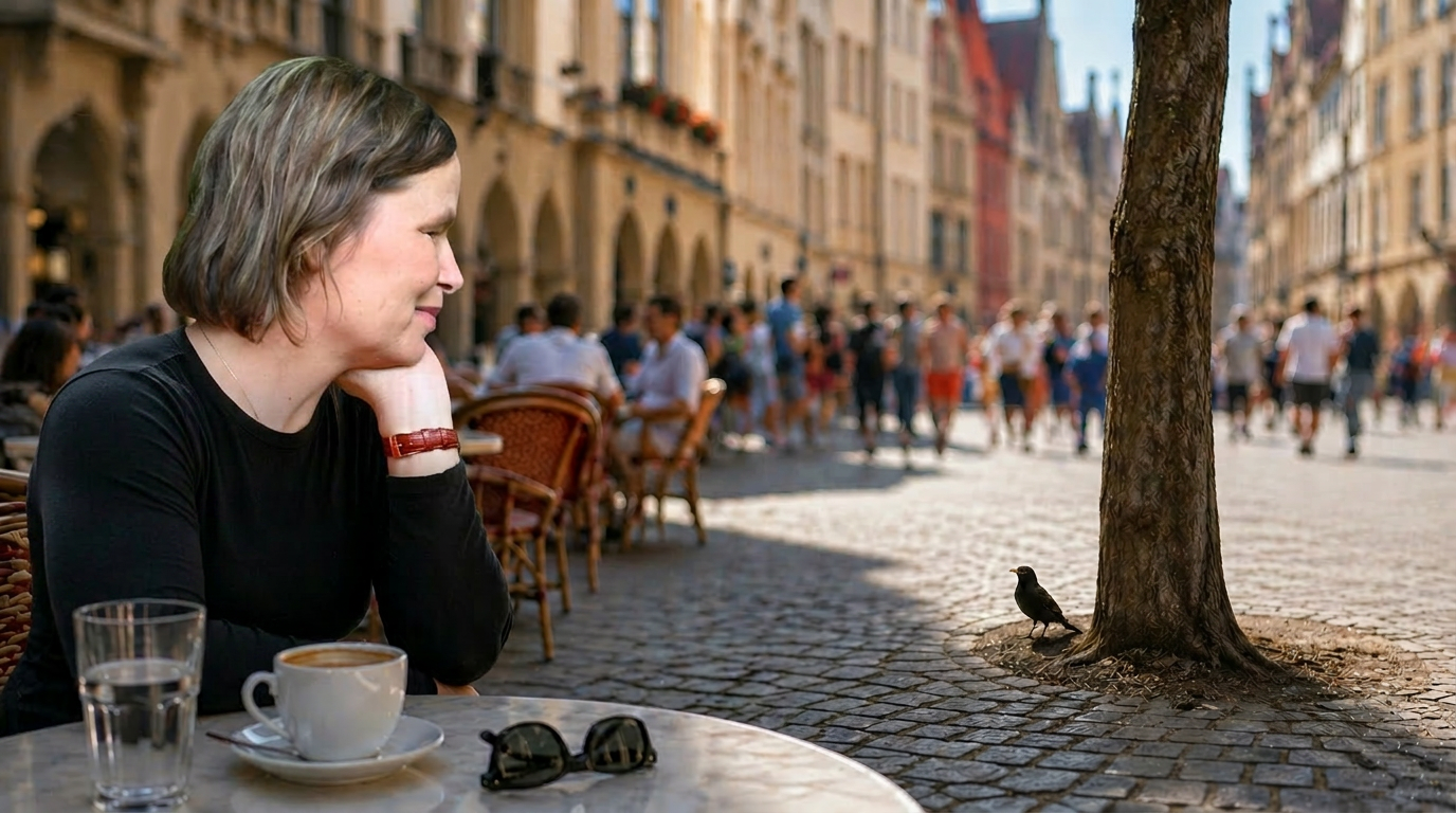 Christiane Böckelmann auf dem Marktplatz in Münster schaut auf einen Vogel. - Portrait - mit Text: Willkommen bei MBSR im Moment.